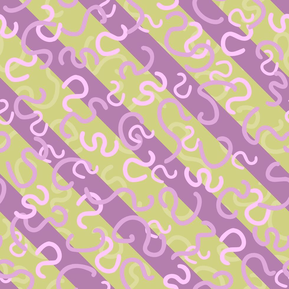 Abstract curvy violet lines on diagonally striped green and violet background vector seamless pattern. Creative art texture for printing on different surfaces.
