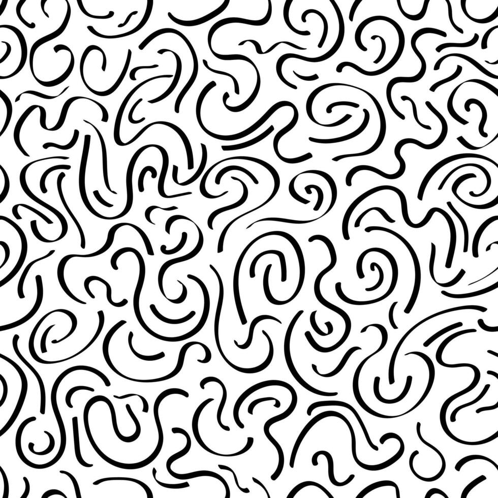 Abstract hand-drawn curves vector seamless pattern. Black squiggly lines on white background. Simple, minimal, wavy repeat backdrop texture