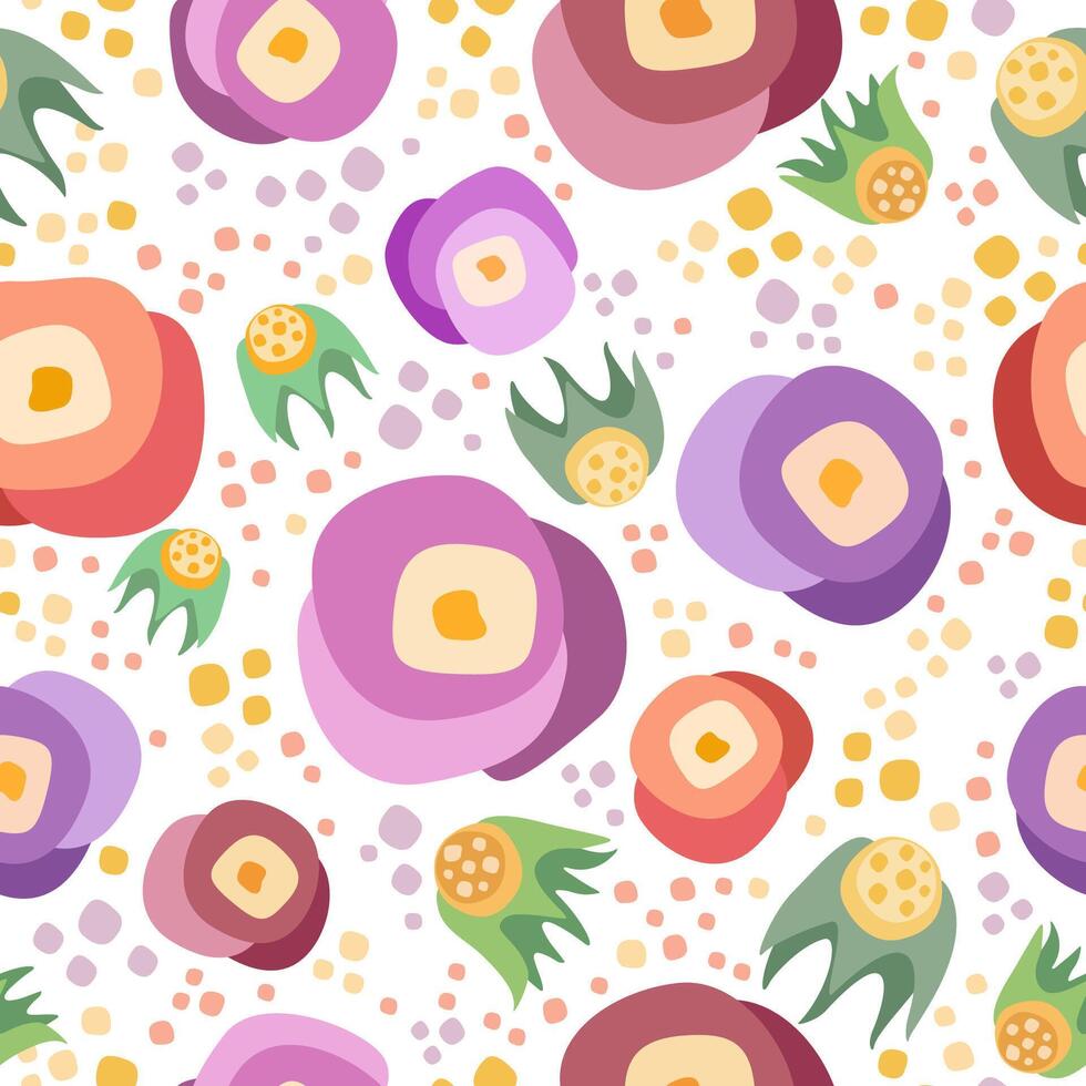 Colorful floral elements on white backdrop vector seamless pattern. Violet, rose and red flowers with green and yellow floral elements pattern. Attractive texture for printing on various surfaces.