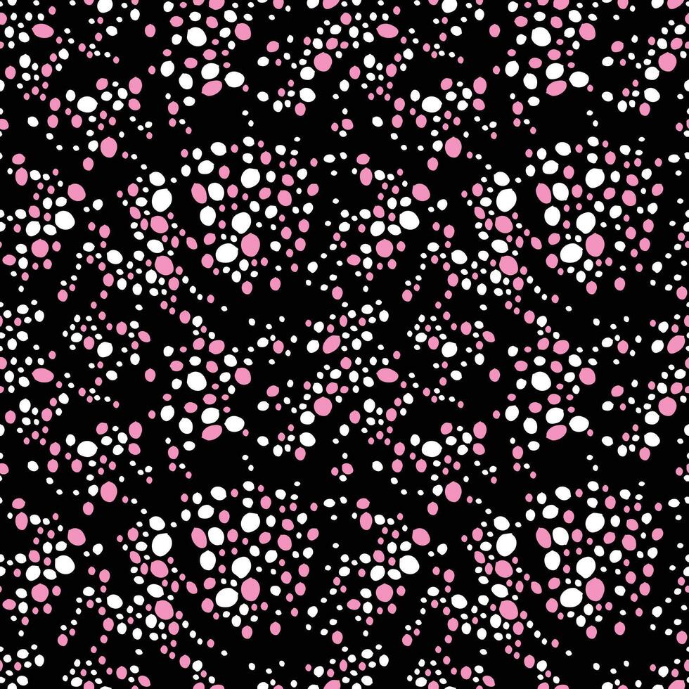 racimos de irregular orgánicamente conformado rosado y blanco puntos en negro fondo vector sin costura modelo. superficie Arte valores vector para impresión en diferente superficies