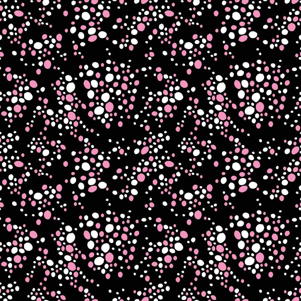 Clusters of irregular organically shaped pink and white dots on black backdrop vector seamless pattern. Surface art stock vector for printing on different surfaces