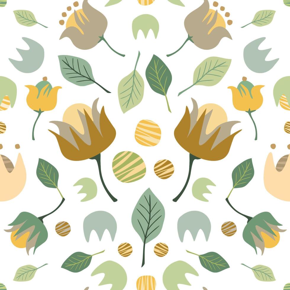 Pastel green, yellow and ocher floral elements symmetrical vector seamless pattern. Delicate art texture in liberty style for printing on various surfaces or use in graphic design