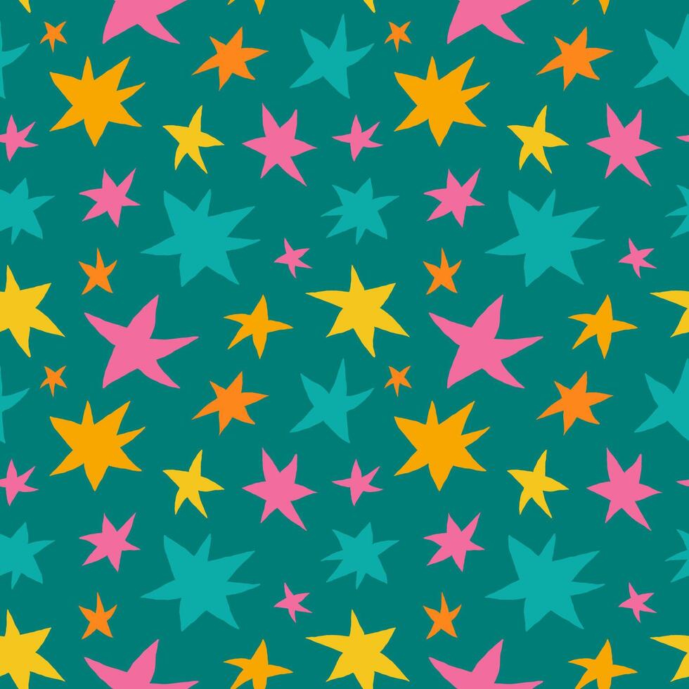 dibujado a mano neón rosa, amarillo, naranja y verde azulado estrellas en oscuro turquesa antecedentes sin costura vector modelo. creativo vistoso textura para impresión en tela, envase, textil, fondo de pantalla, vestir etc.