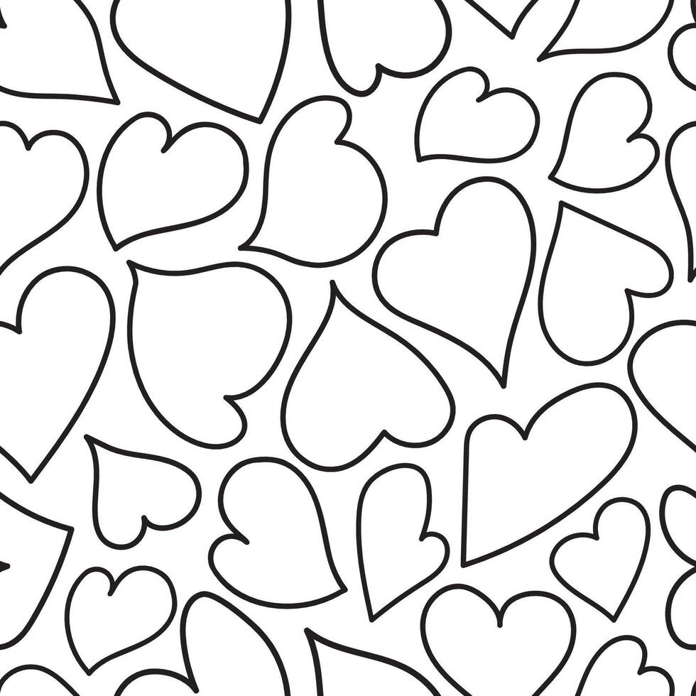 Black contour hearts seamless vector pattern. Simple monochrome ornament with hearts isolated on white backdrop. Elegant and subtle texture for printing on fabric, wrapping, wallpaper, apparel etc.