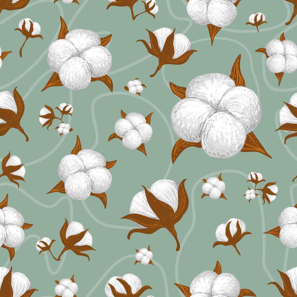 Hand drawn delicate floral vector seamless pattern. Cotton plant bolls various sizes on grey teal background. Decorative floral vector illustration for printing on different surfaces.