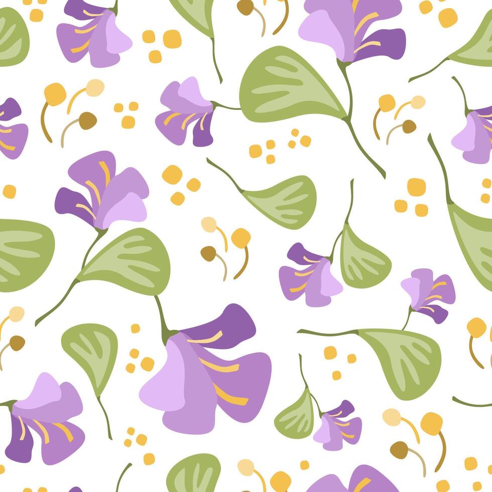 Composition of violet flowers with green leaves, yellow stamens and pollen grains in vector seamless pattern. Attractive art texture for printing on fabric, wrapping, homeware, wallpaper, apparel etc.