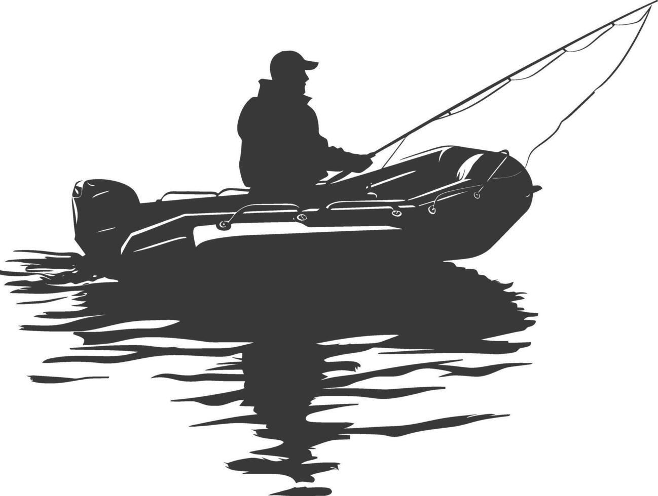 AI generated Silhouette fisherman fishing using inflatable boat vector