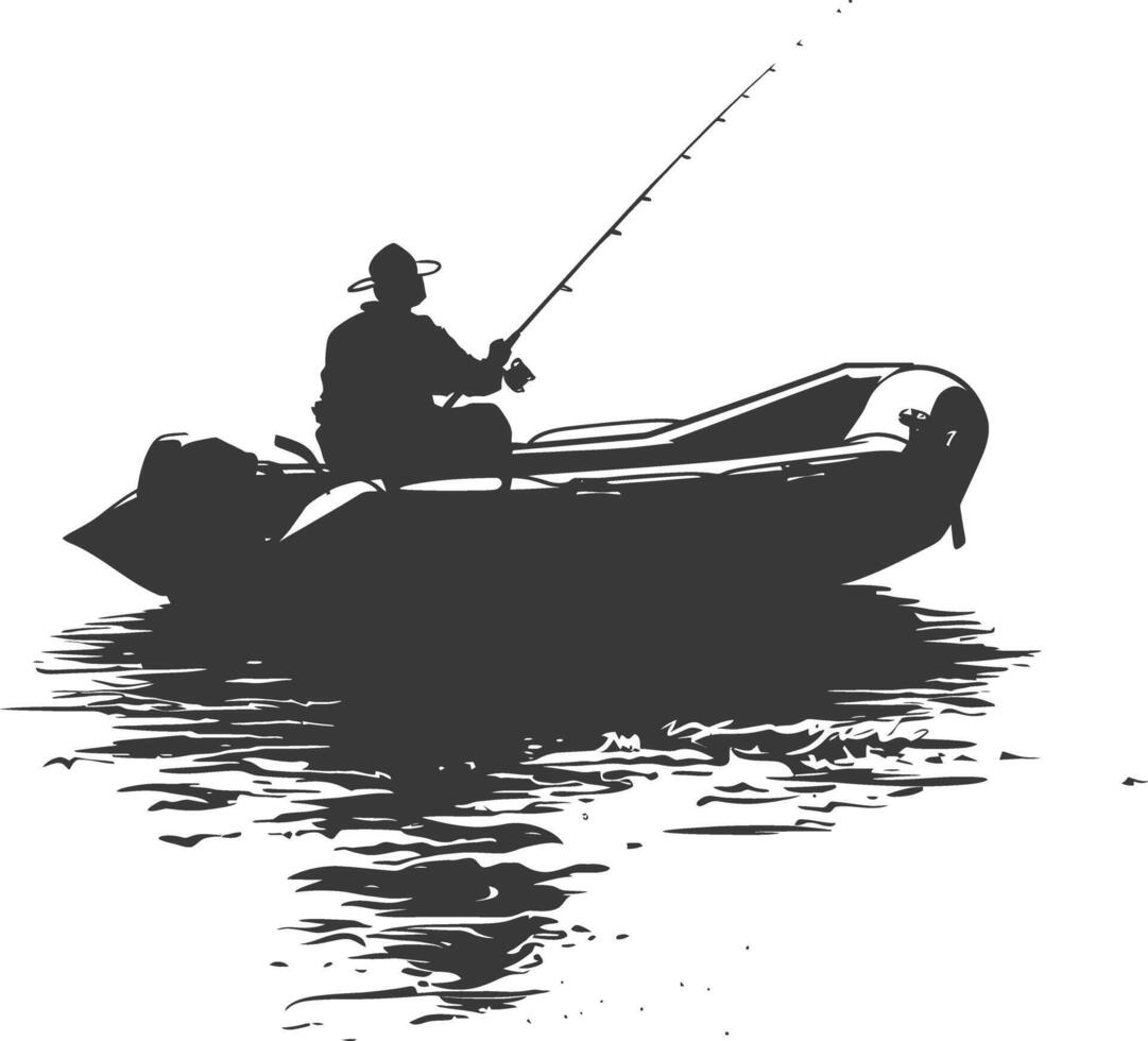 ai generado silueta pescador pescar utilizando inflable barco vector