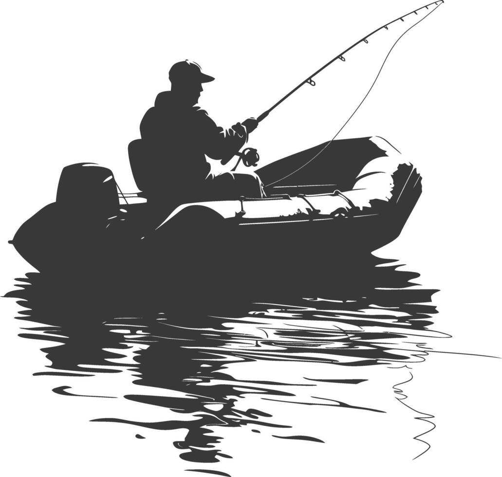 AI generated Silhouette fisherman fishing using inflatable boat vector