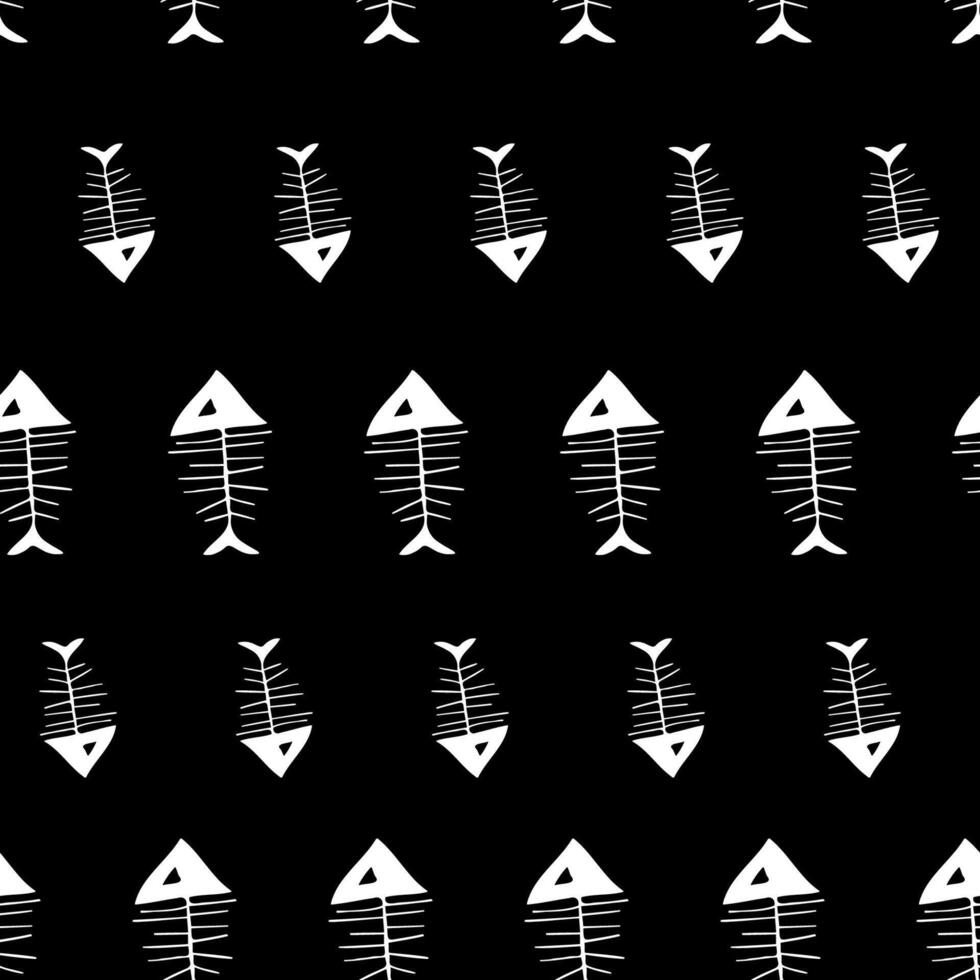 Elegant vector seamless pattern with white fish bones lined on black backdrop. Creative surface art for printing on various surfaces or use in graphic design projects.