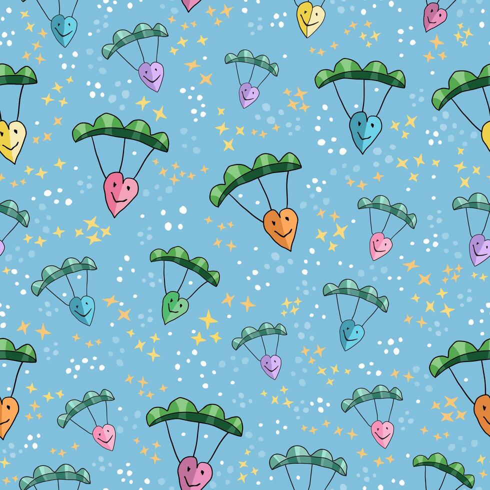 Colorful hearts with parachutes arranged with yellow stars and white dots on pastel blue backdrop. Creative kids pattern for printing on textile, wrapping, package, wallpaper, apparel, homeware etc... vector