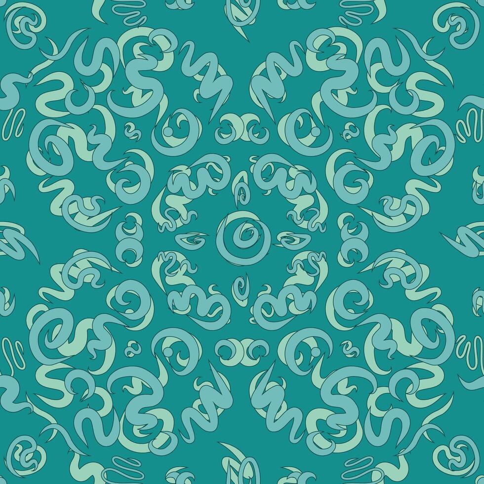 Curvy calligraphy lines in vector seamless pattern that resembles rug decoration. Subtle carpet like ornamentation on teal backdrop. Creative art texture for printing on different surfaces.