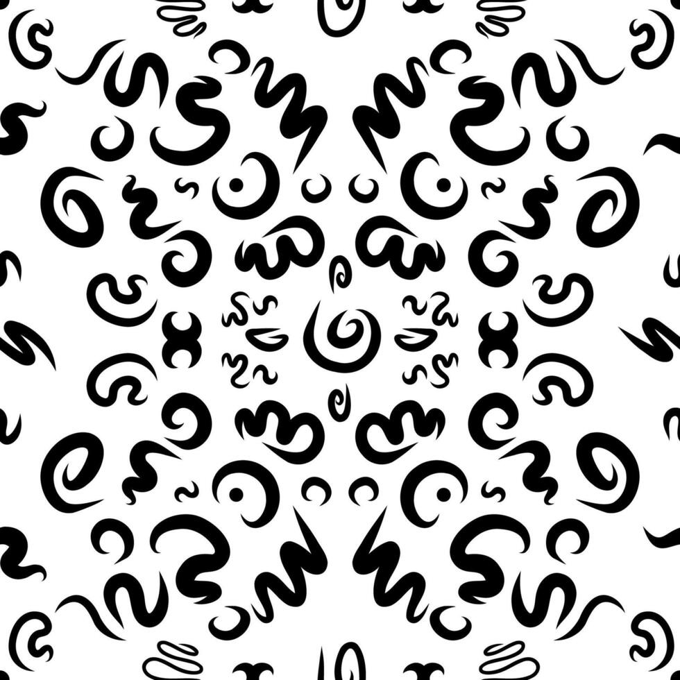 Curvy doodle black lines in vector seamless pattern that resembles rug design. Subtle monochrome ornamentation as creative art texture for printing on different surfaces or usage in graphic design.