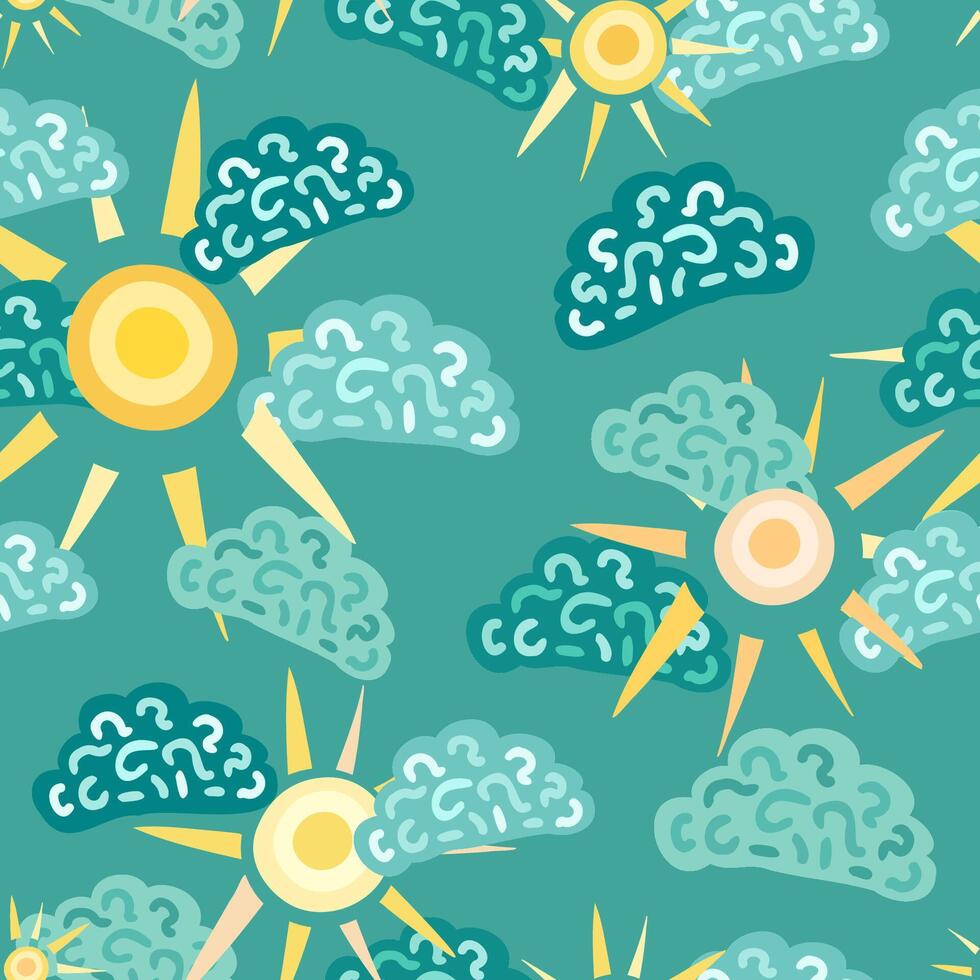 invierno Dom y verde azulado sombreado nubes en azul verde fondo vector sin costura modelo. creativo niños modelo de un nublado invierno cielo para textil, envase, paquete, fondo de pantalla, vestir, menaje etc...