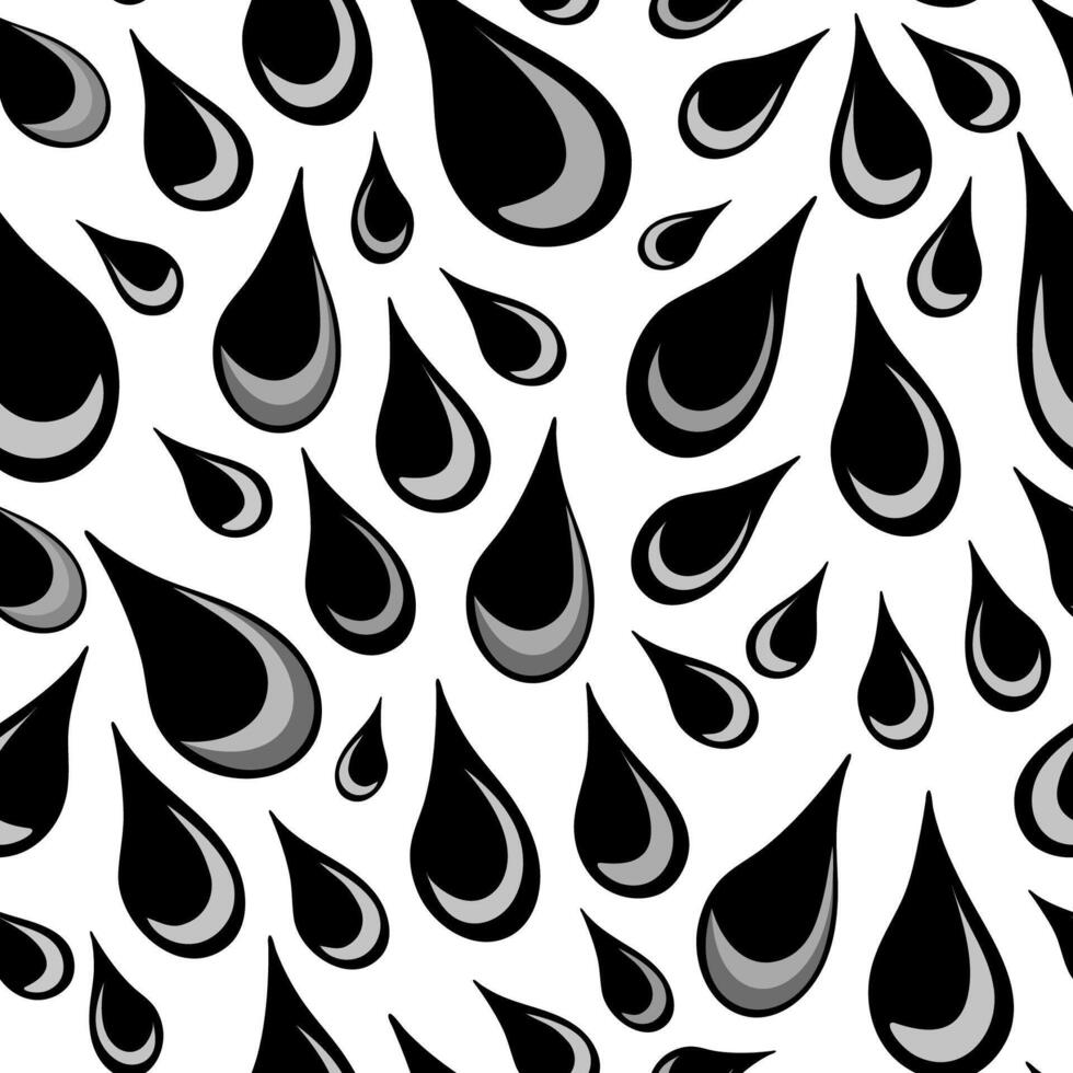 Varying in size hand drawn black and gray shaded drops tightly placed close together over white background. Elegant monochrome seamless vector pattern for printing or use in graphic design projects.