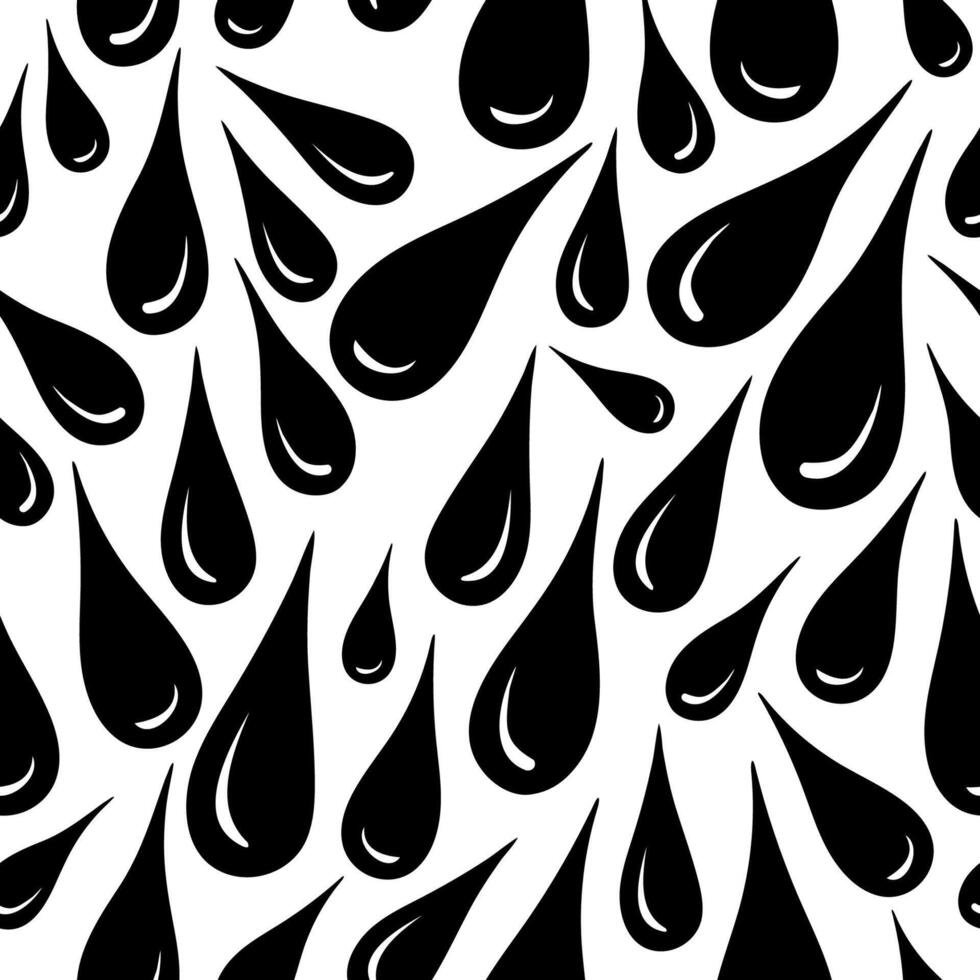 Irregular sized black droplets tightly placed close together over white background. Black and white seamless vector pattern for printing or use in graphic design projects.