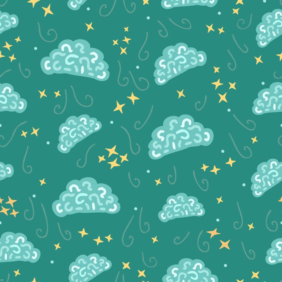 Teal shaded clouds, yellow stars and curly lines on blue green backdrop vector seamless pattern. Creative kids pattern of a windy night sky for textile, wrapping, package, wallpaper, apparel, etc...