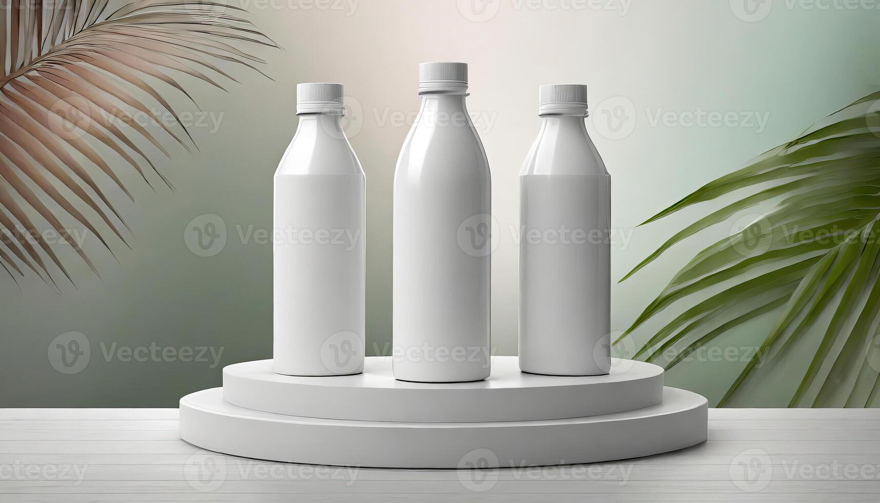 AI generated Podium display of plastic bottle front view Mockup White with shades on color them, Generated AI photo
