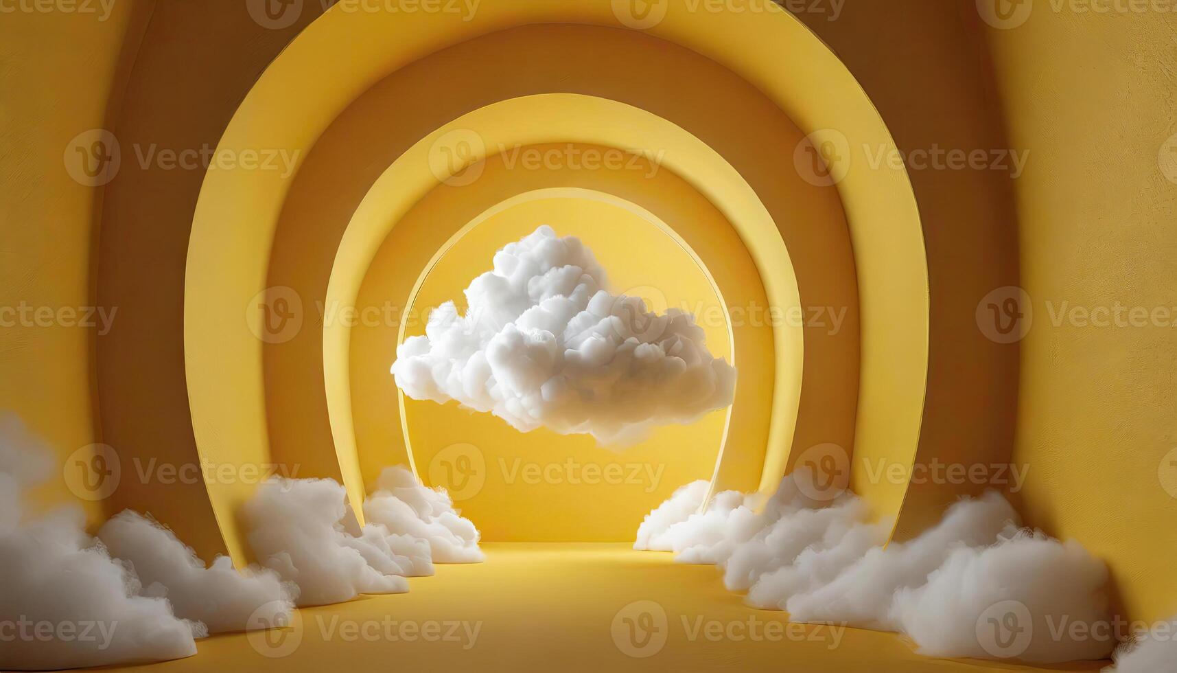 AI generated 3d render, abstract minimal background with white clouds flying out the tunnel or studio light, Generated AI photo