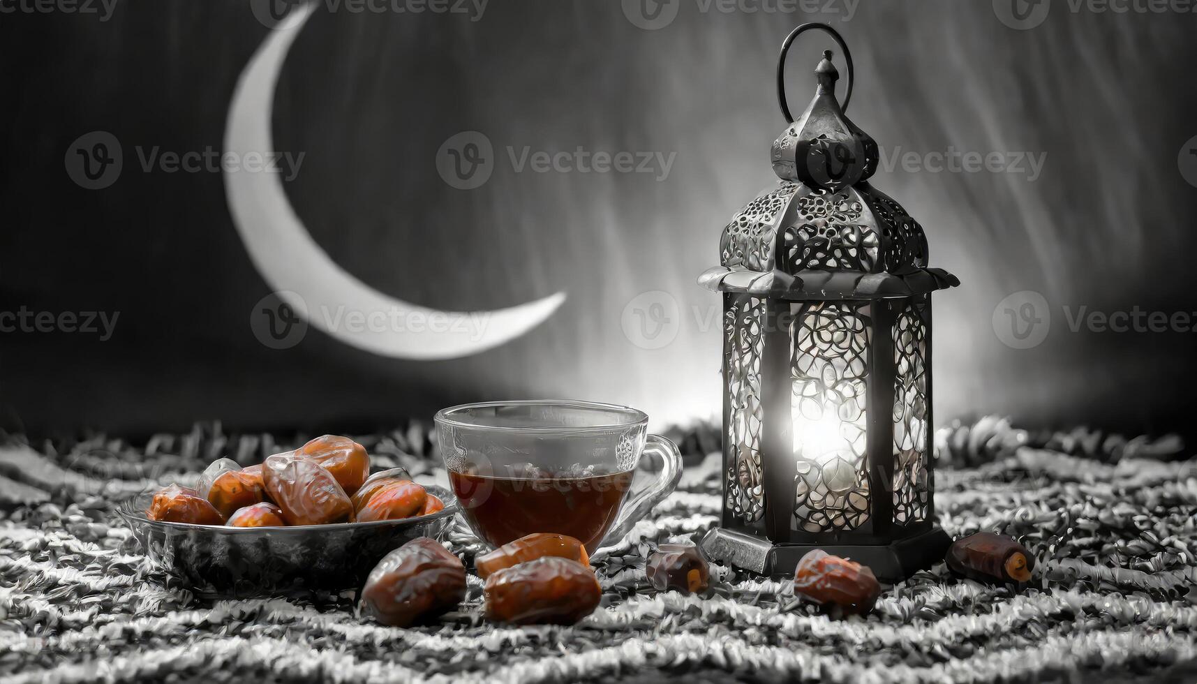 ai generado tradicional Ramadán y eid linterna lámpara con creciente luna, fechas y frutas en un cuenco en alfombra, generado ai foto