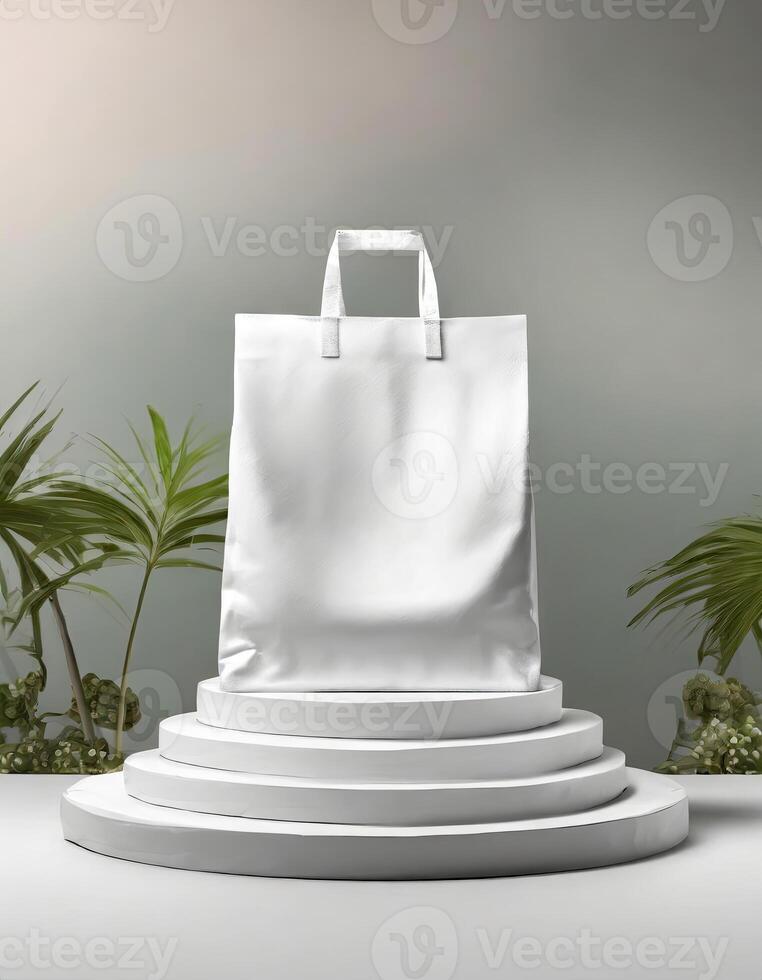 AI generated Podium display of Packaging Bag front view Mockup White with shades on color theme Background, Generated AI photo