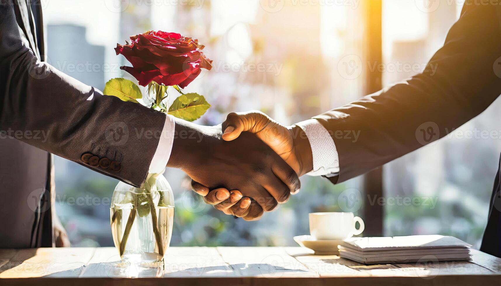 AI generated Business partnership meeting. Picture businessman's handshake. flower in a vase on back, Generated AI photo