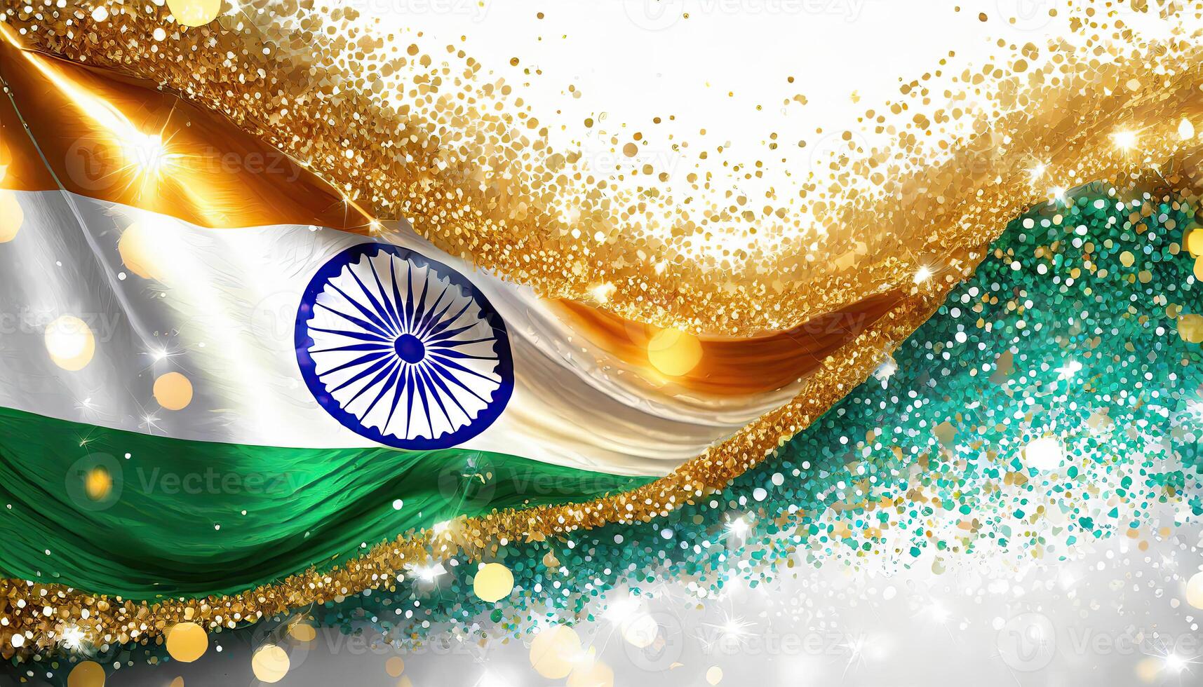 AI generated India Flag gold particle. Christmas Golden light shine particles bokeh on white background, Generated AI photo