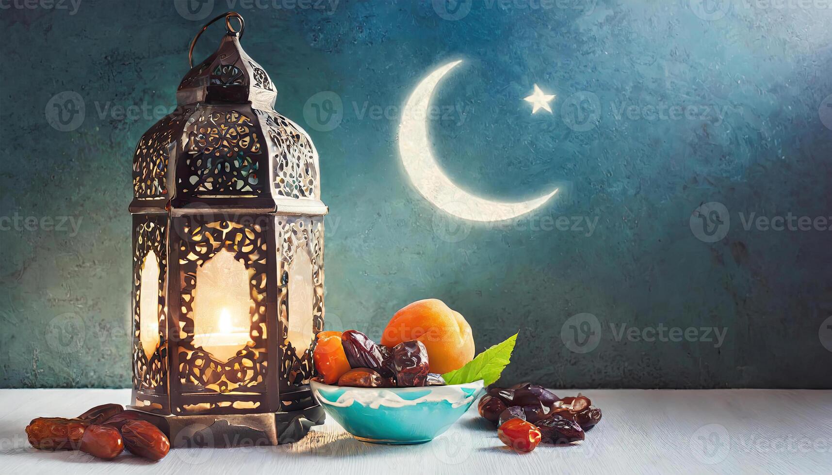 ai generado tradicional Ramadán y eid linterna lámpara con creciente luna, fechas y frutas en un cuenco en alfombra, generado ai foto