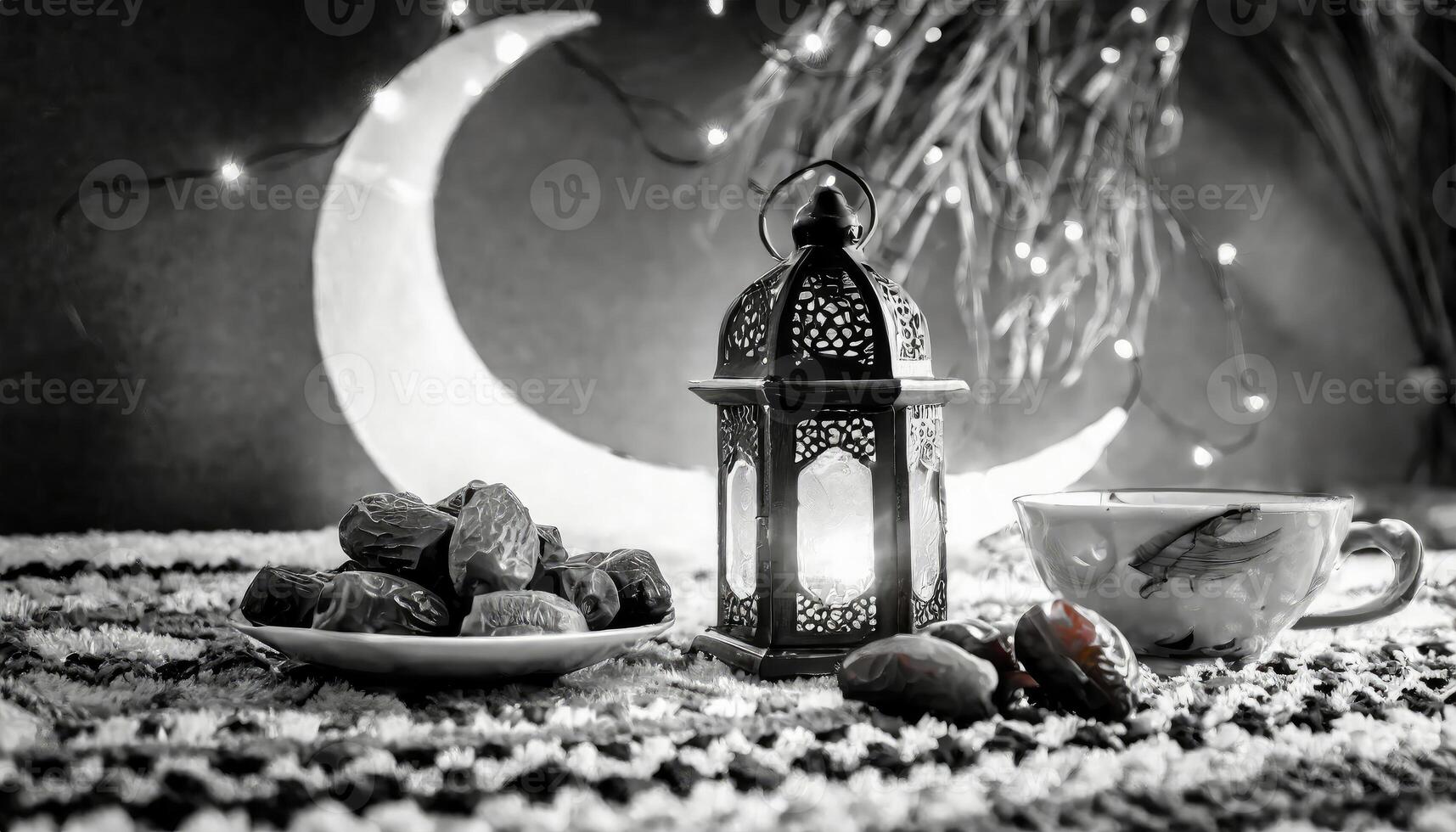 ai generado tradicional Ramadán y eid linterna lámpara con creciente luna, fechas y frutas en un cuenco en alfombra, generado ai foto