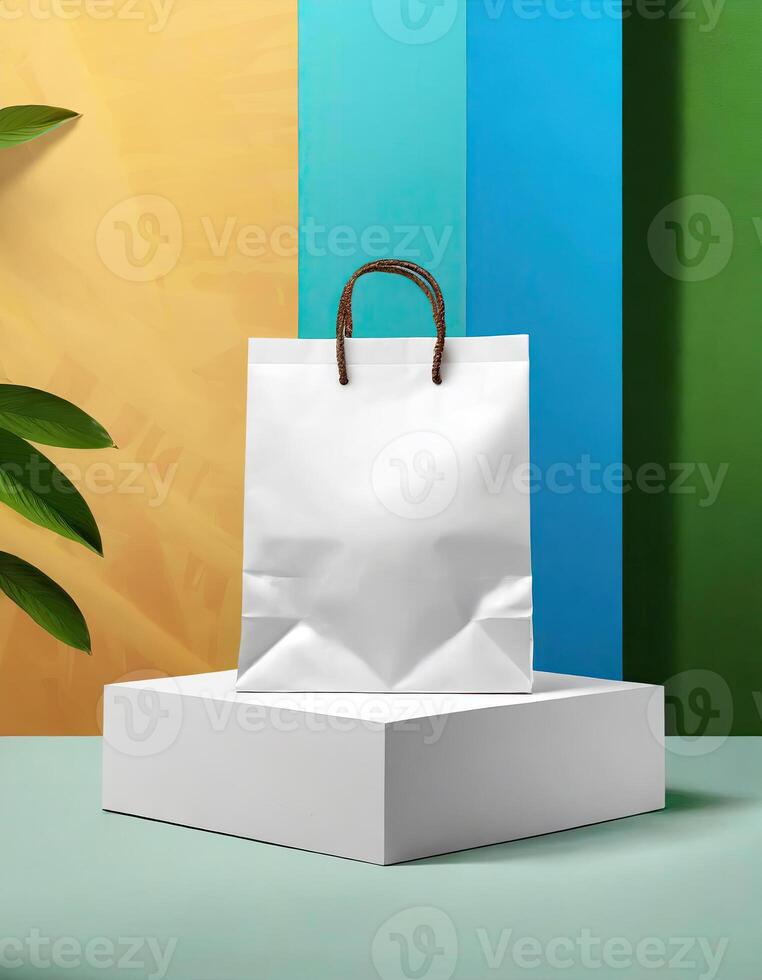 AI generated Podium display of Packaging Bag front view Mockup White with shades on color theme Background, Generated AI photo