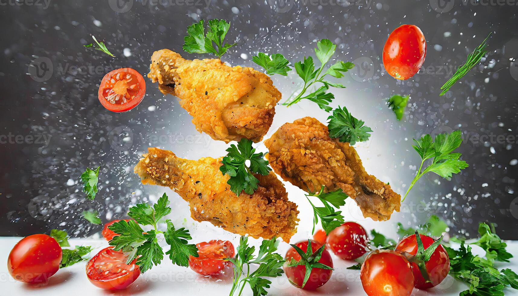 AI generated Flying elements of fried chicken with tomatoes and parsley, tasty food for quick distribution Generated AI photo