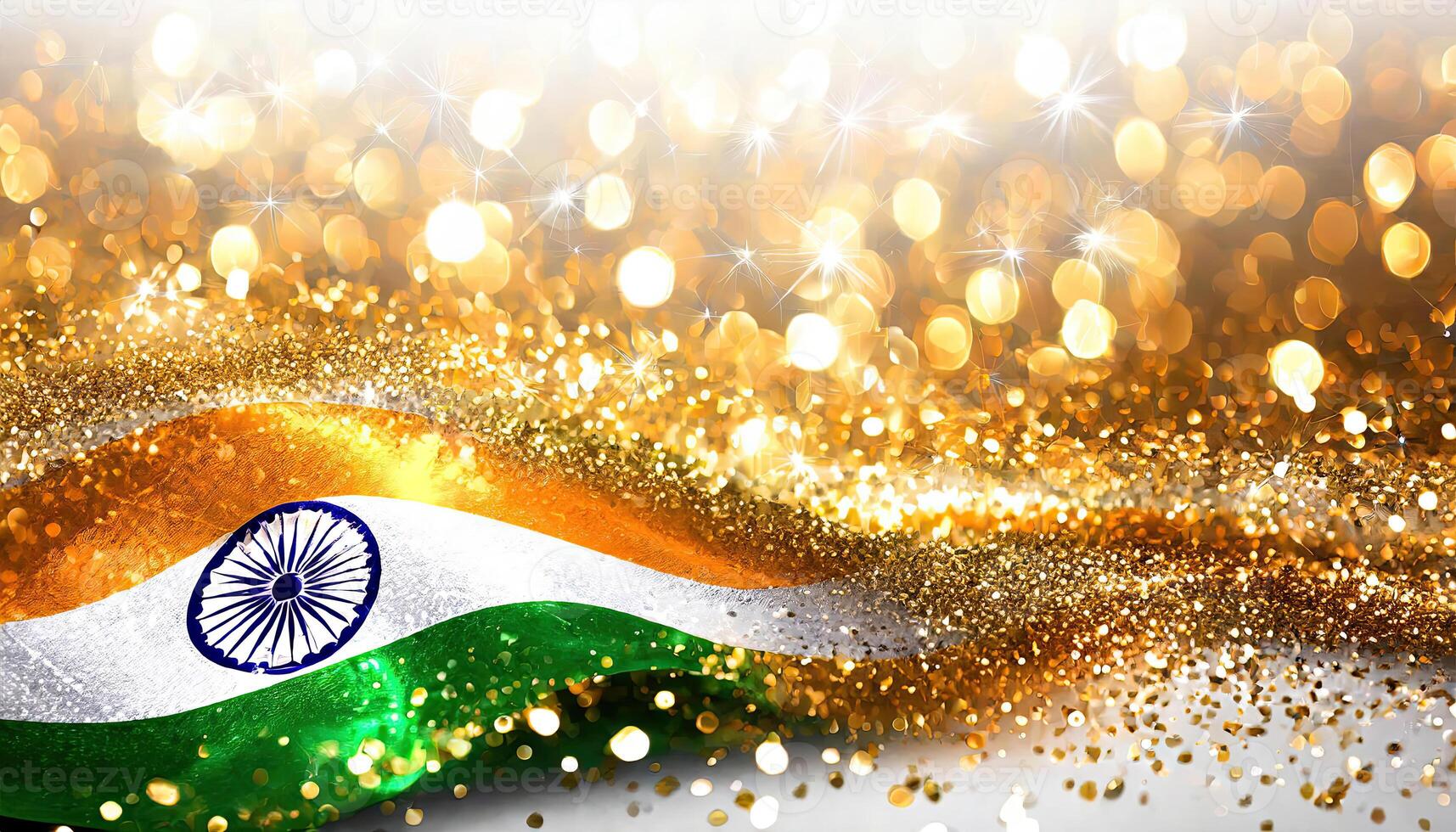 AI generated India Flag gold particle. Christmas Golden light shine particles bokeh on white background, Generated AI photo
