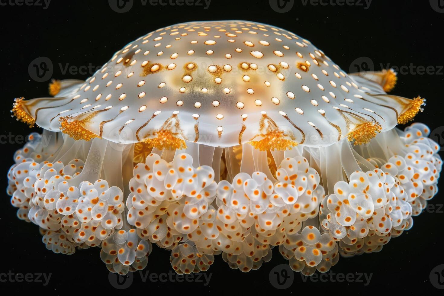 AI generated The marine jellyfish glows with luminescent against of the dark sea professional photography photo