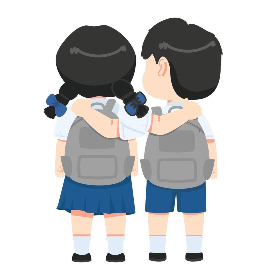 Kid student best friends Hugging Back view vector