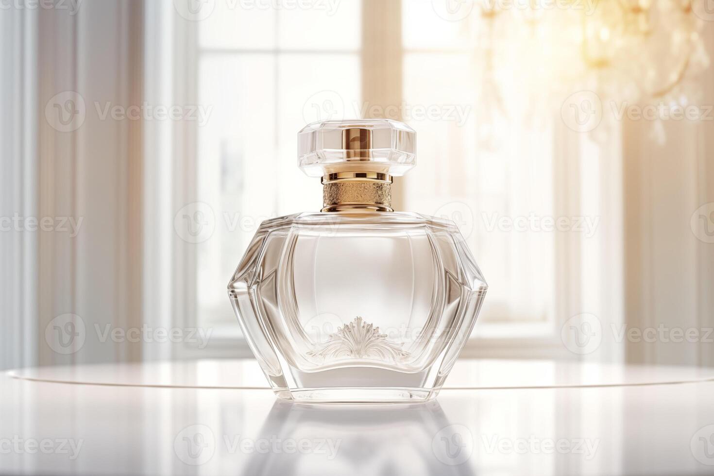 AI generated Elegant crystal clear perfume bottle on a reflective surface with a luxurious ambiance photo