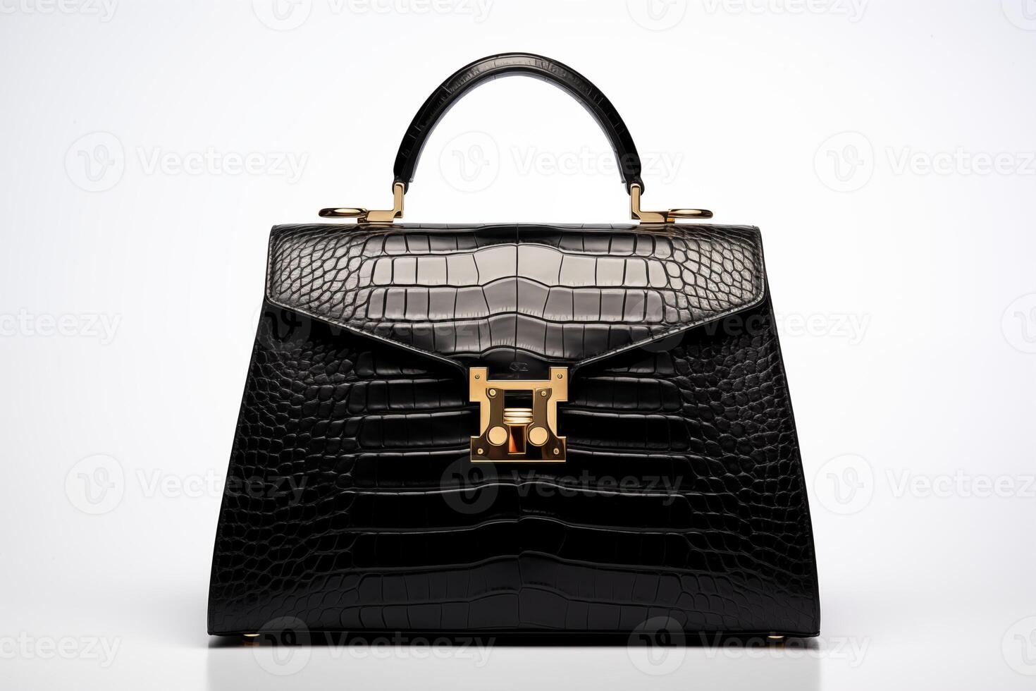 AI generated Sophisticated black leather handbag with a crocodile pattern and elegant gold hardware, displayed against a white background photo