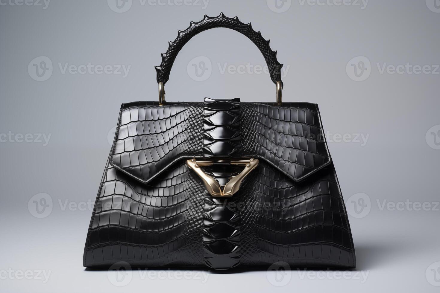 AI generated Sophisticated black leather handbag with a crocodile pattern and elegant gold hardware, displayed against a white background photo