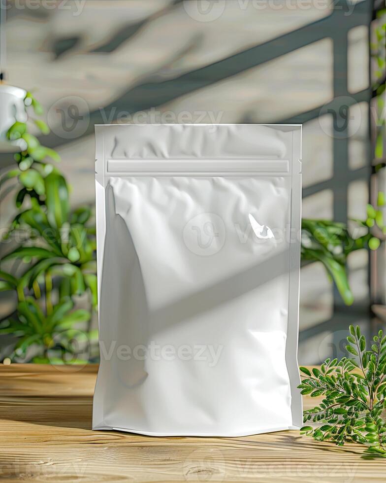 AI generated white packaging bag mockup, on a wooden table photo