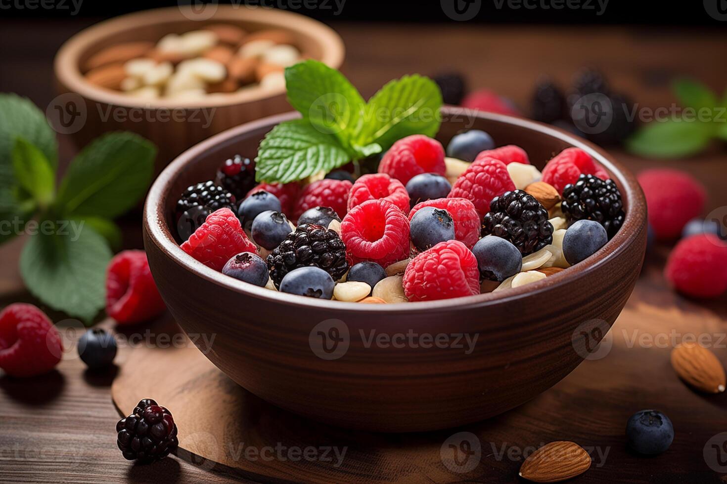 AI generated Nutritious oatmeal topped with fresh raspberries, blueberries, and almonds photo