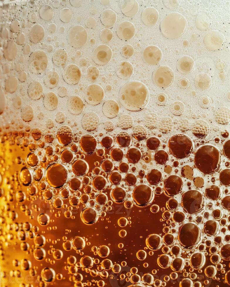 AI generated Ultra close up view of beer texture with foam photo