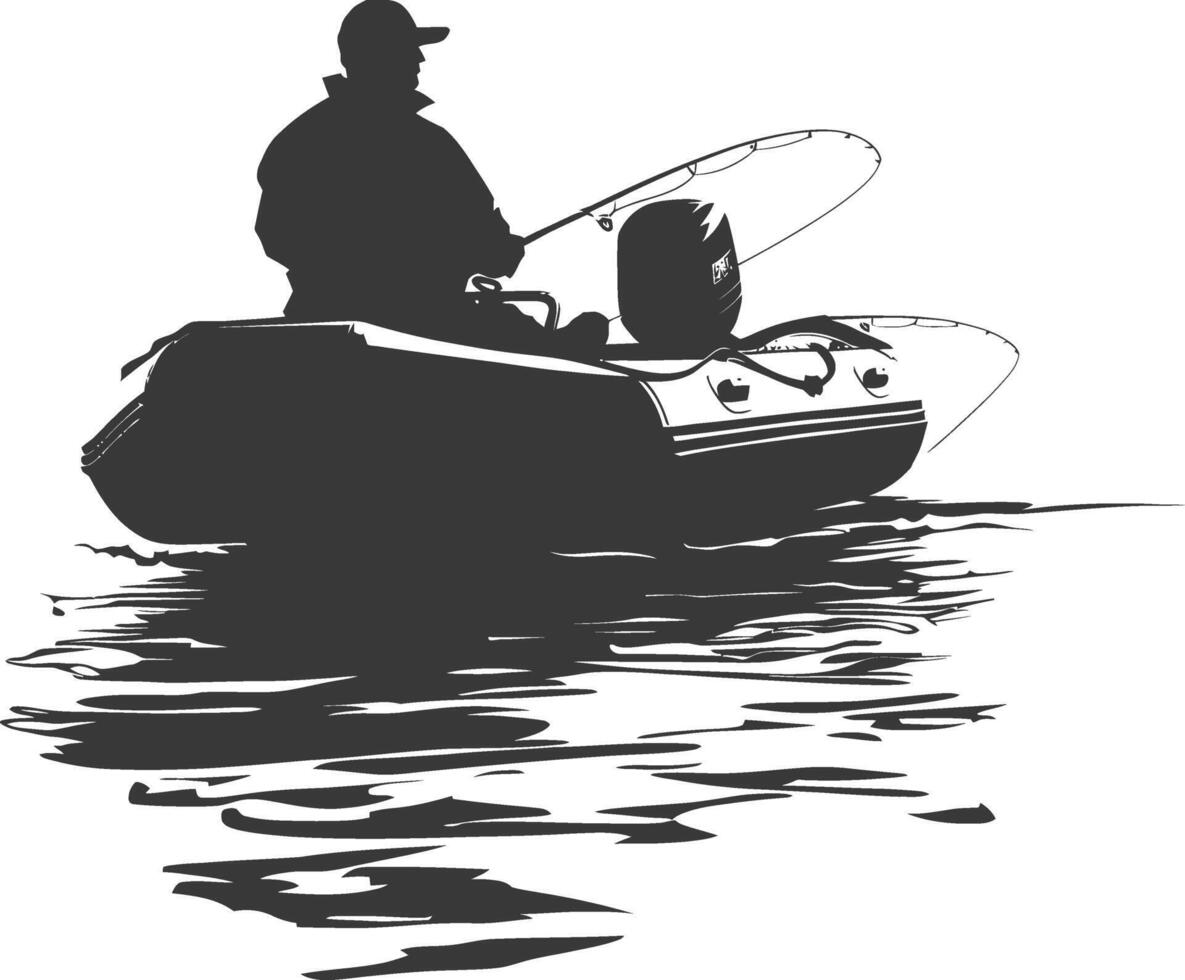 AI generated Silhouette fisherman fishing using inflatable boat vector