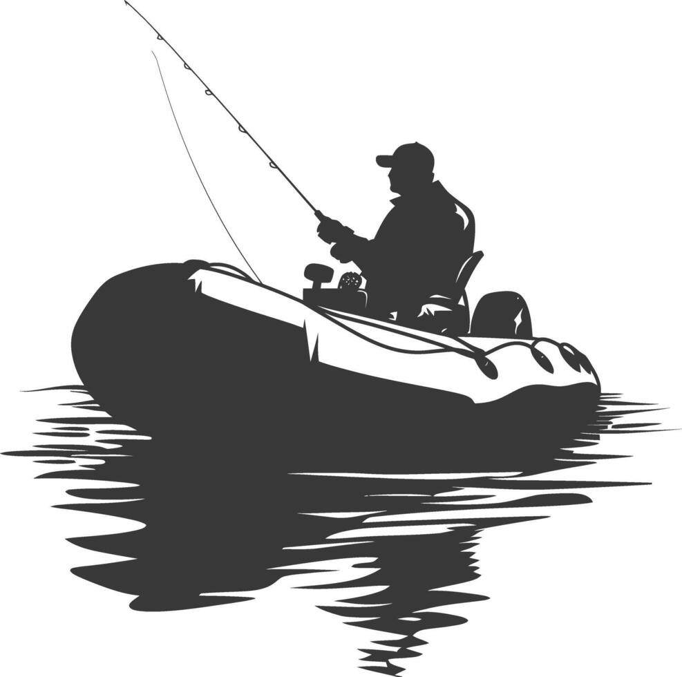 ai generado silueta pescador pescar utilizando inflable barco vector