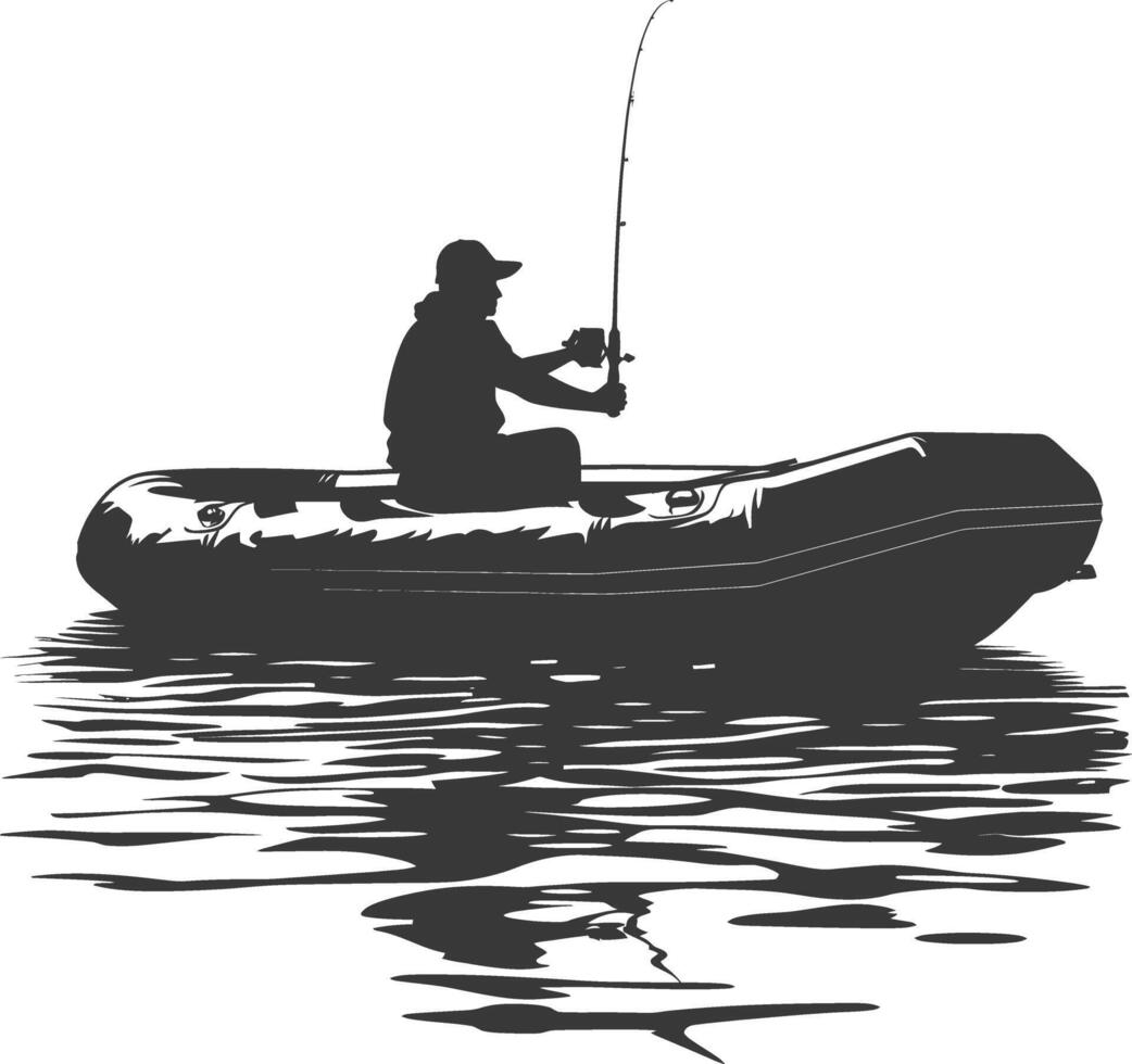 AI generated Silhouette fisherman fishing using inflatable boat vector