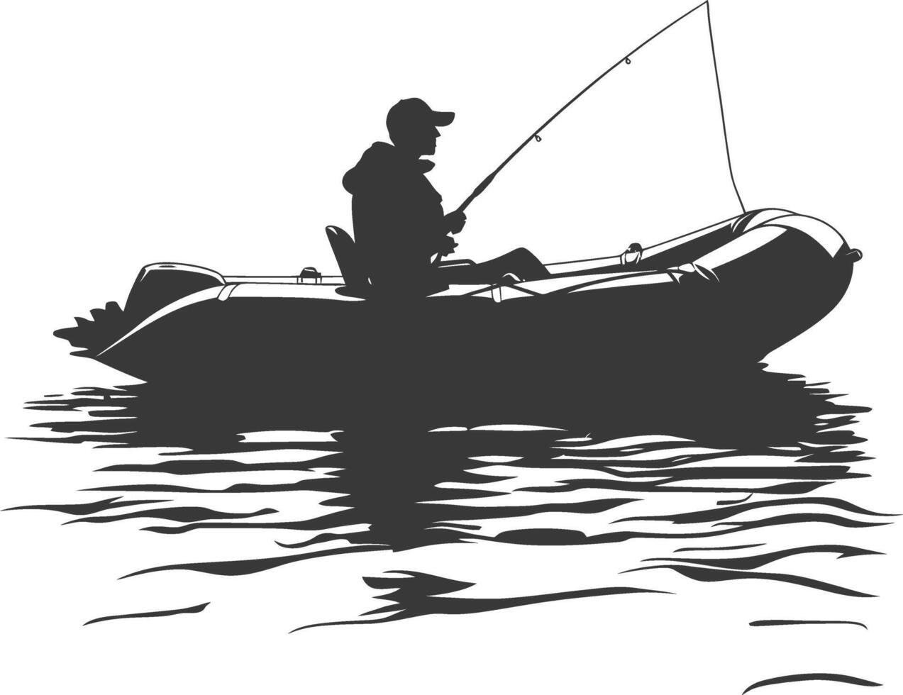 AI generated Silhouette fisherman fishing using inflatable boat vector