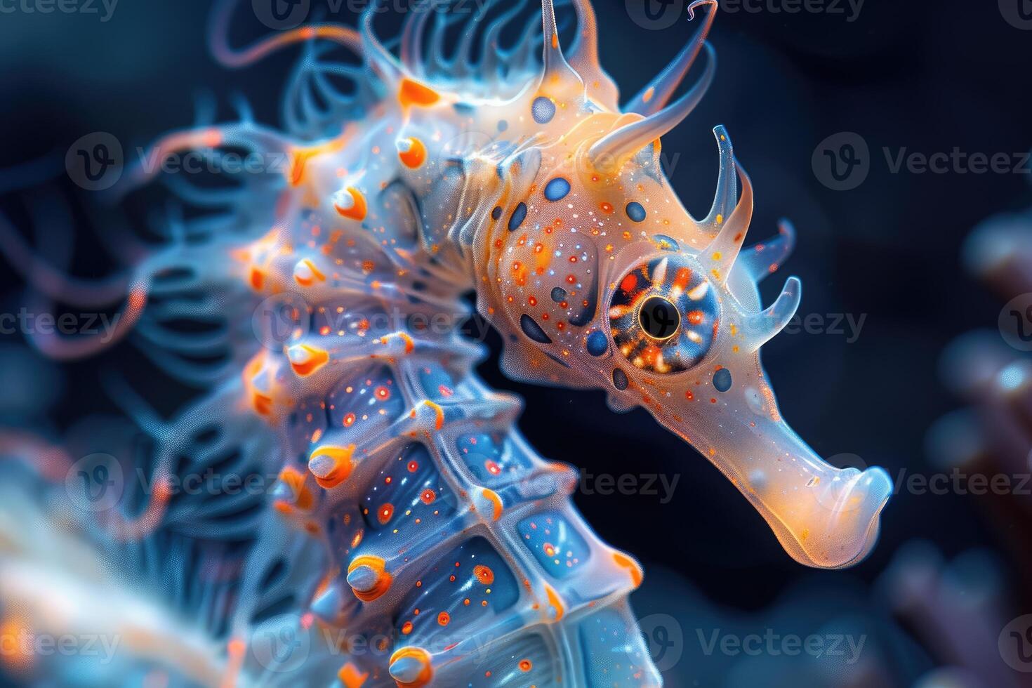 AI generated The marine seahorse glows with luminescent against of the dark sea professional photography photo