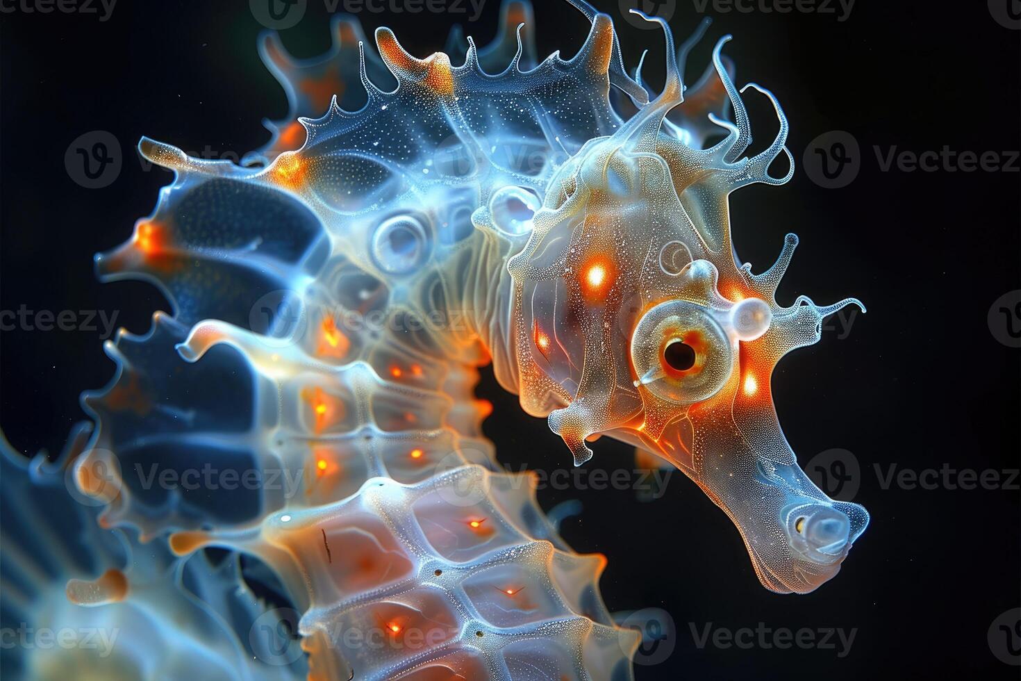 AI generated The marine seahorse glows with luminescent against of the dark sea professional photography photo