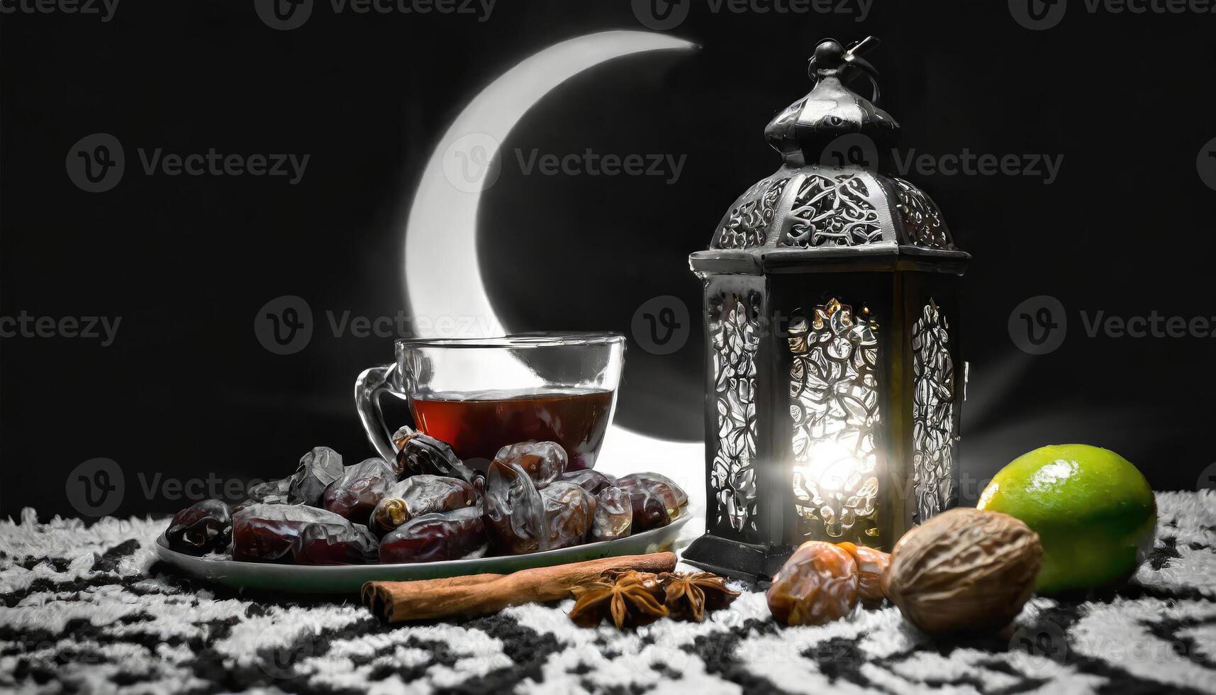 ai generado tradicional Ramadán y eid linterna lámpara con creciente luna, fechas y frutas en un cuenco en alfombra, generado ai foto