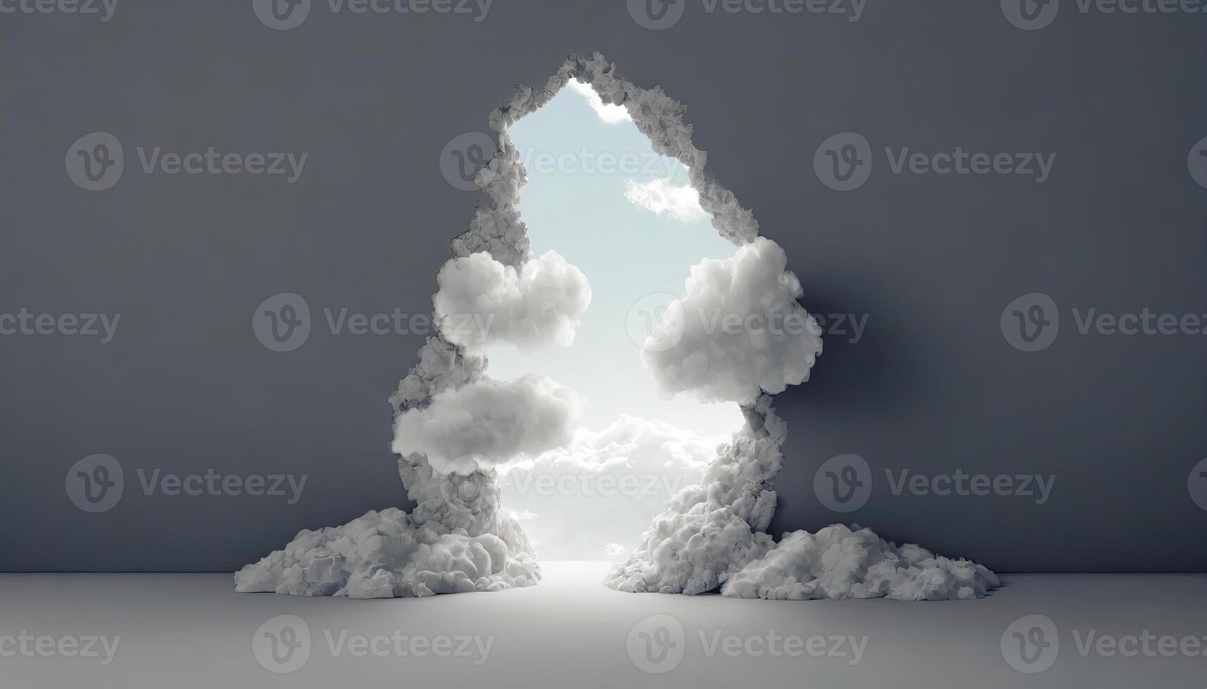 AI generated Abstract minimal background with white clouds flying out the Cave or studio light copy space, Generated AI photo