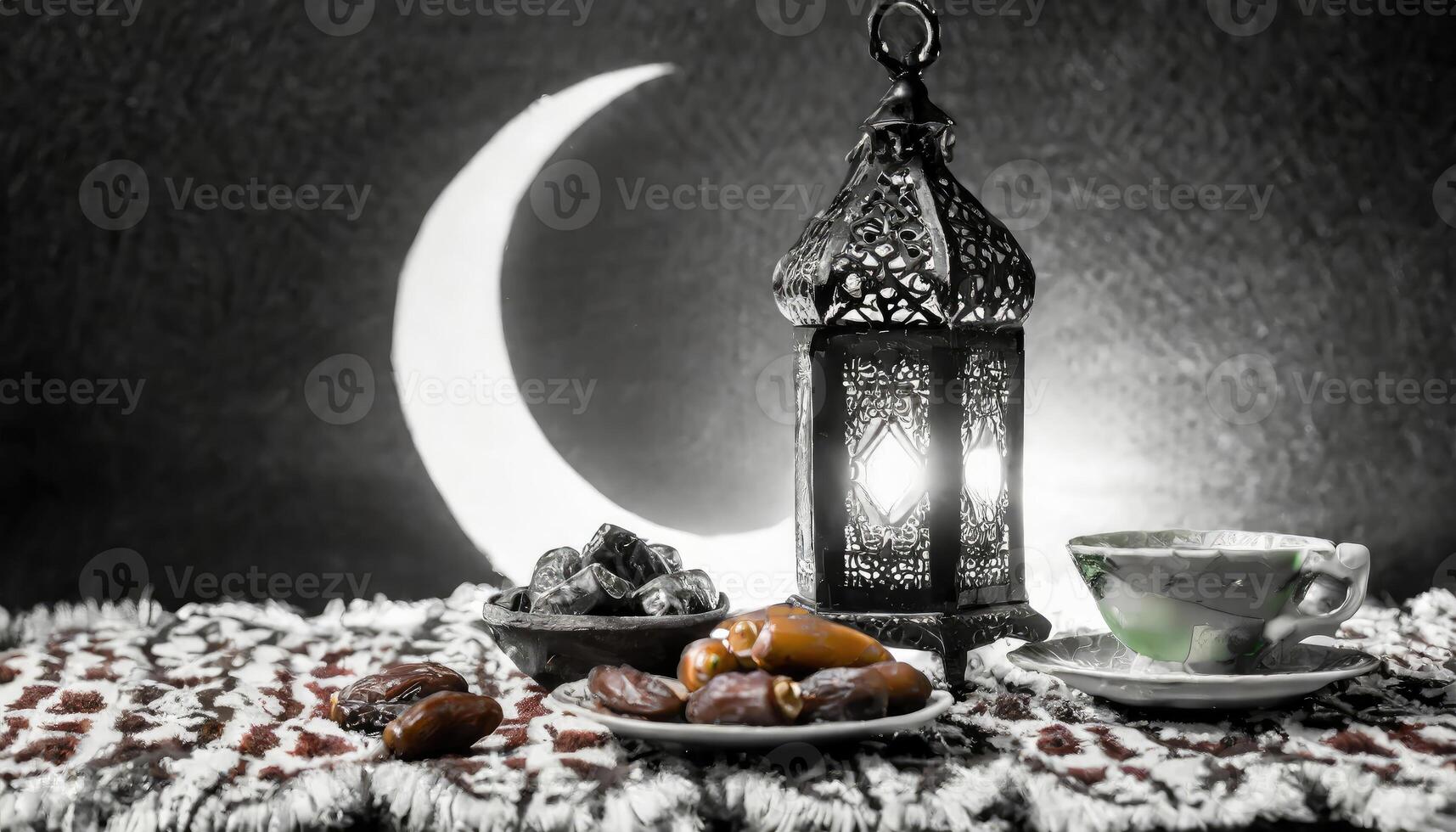 ai generado tradicional Ramadán y eid linterna lámpara con creciente luna, fechas y frutas en un cuenco en alfombra, generado ai foto