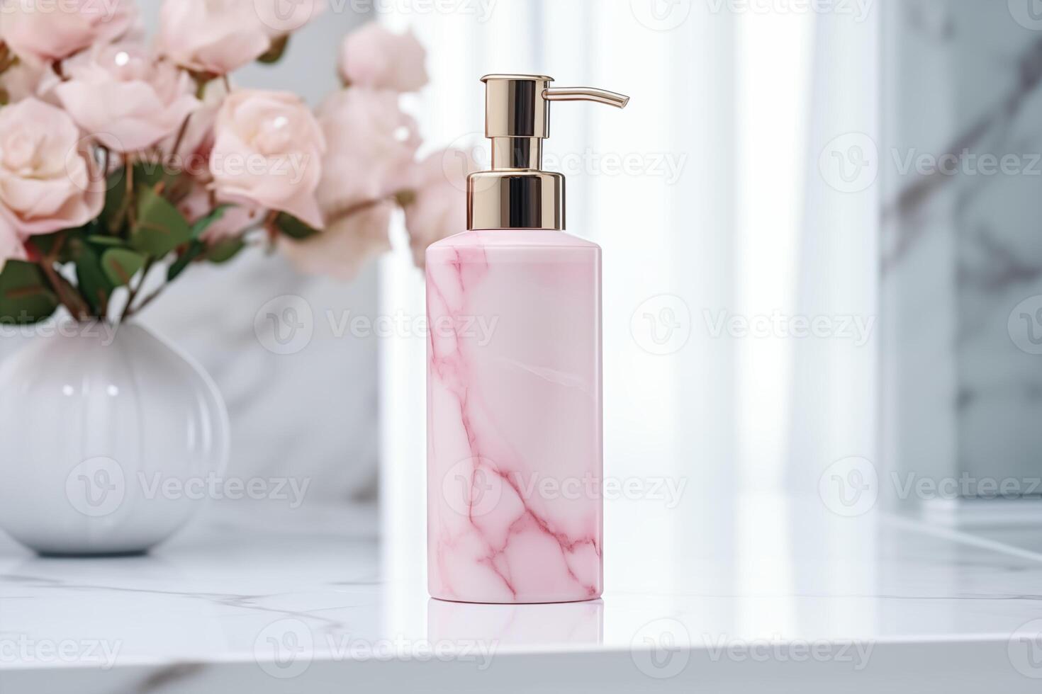 AI generated Elegant pink marble soap dispenser on a pristine marble countertop, embodying luxury and cleanliness photo